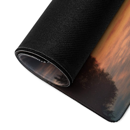 Premium autumn sunset gaming mouse pad with black textured base and non-slip stitching