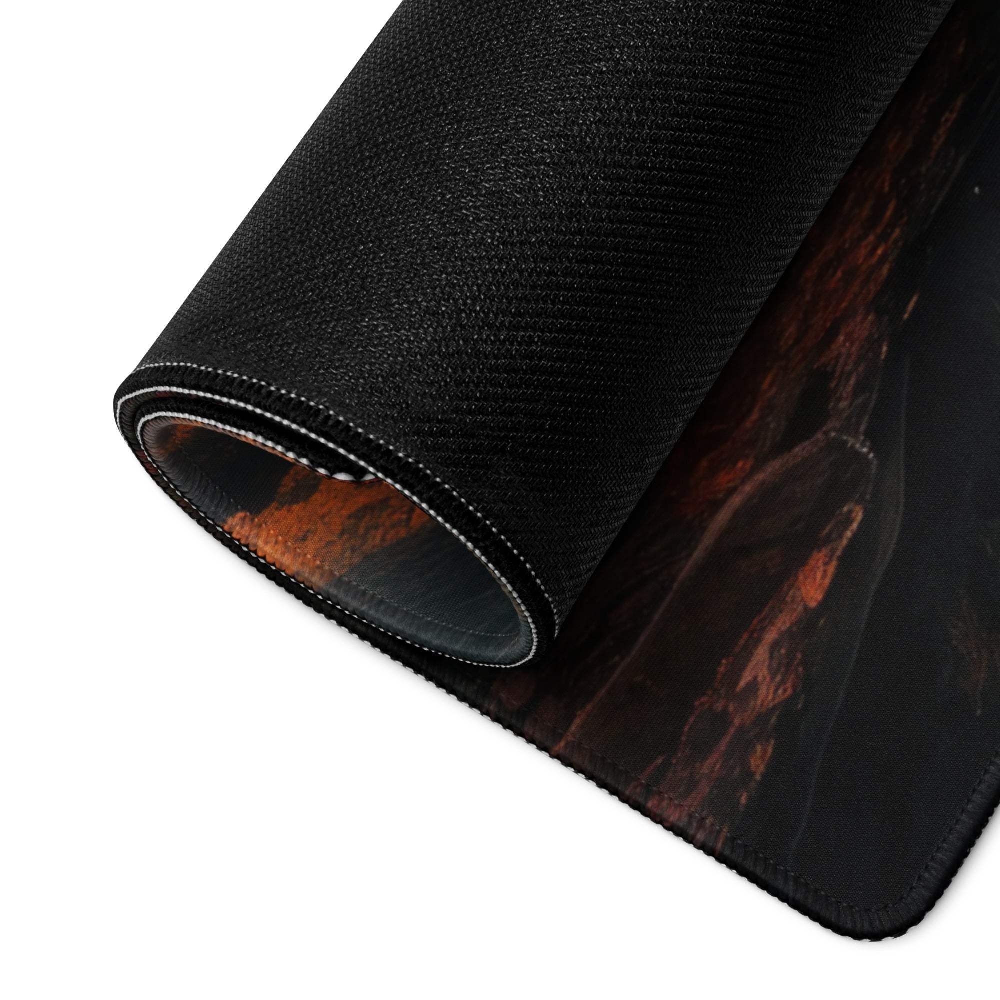 Black gaming mousepad with orange-red mountain landscape and non-slip base