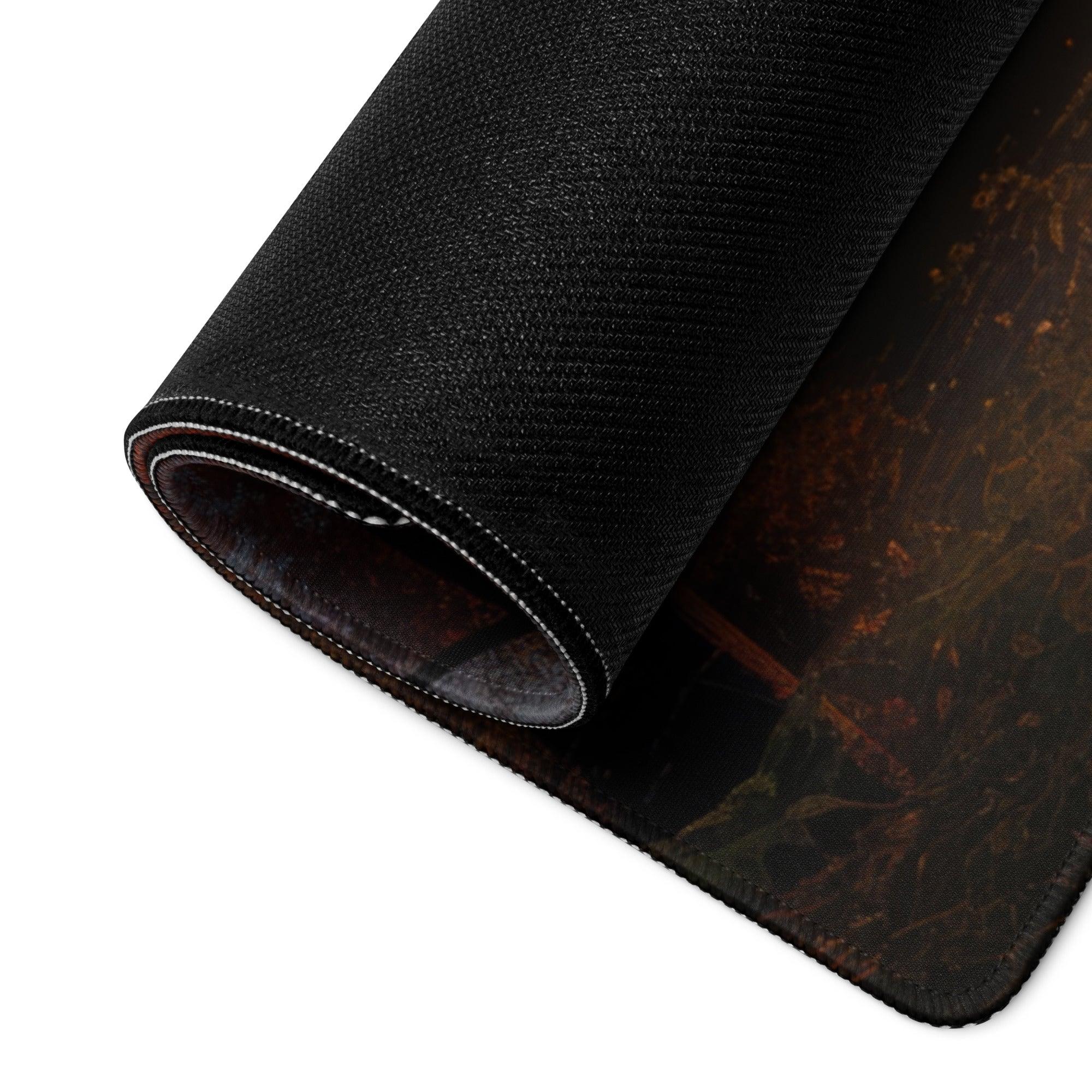 Large Autumn Sunset Forest gaming mouse pad with black textured earthy design