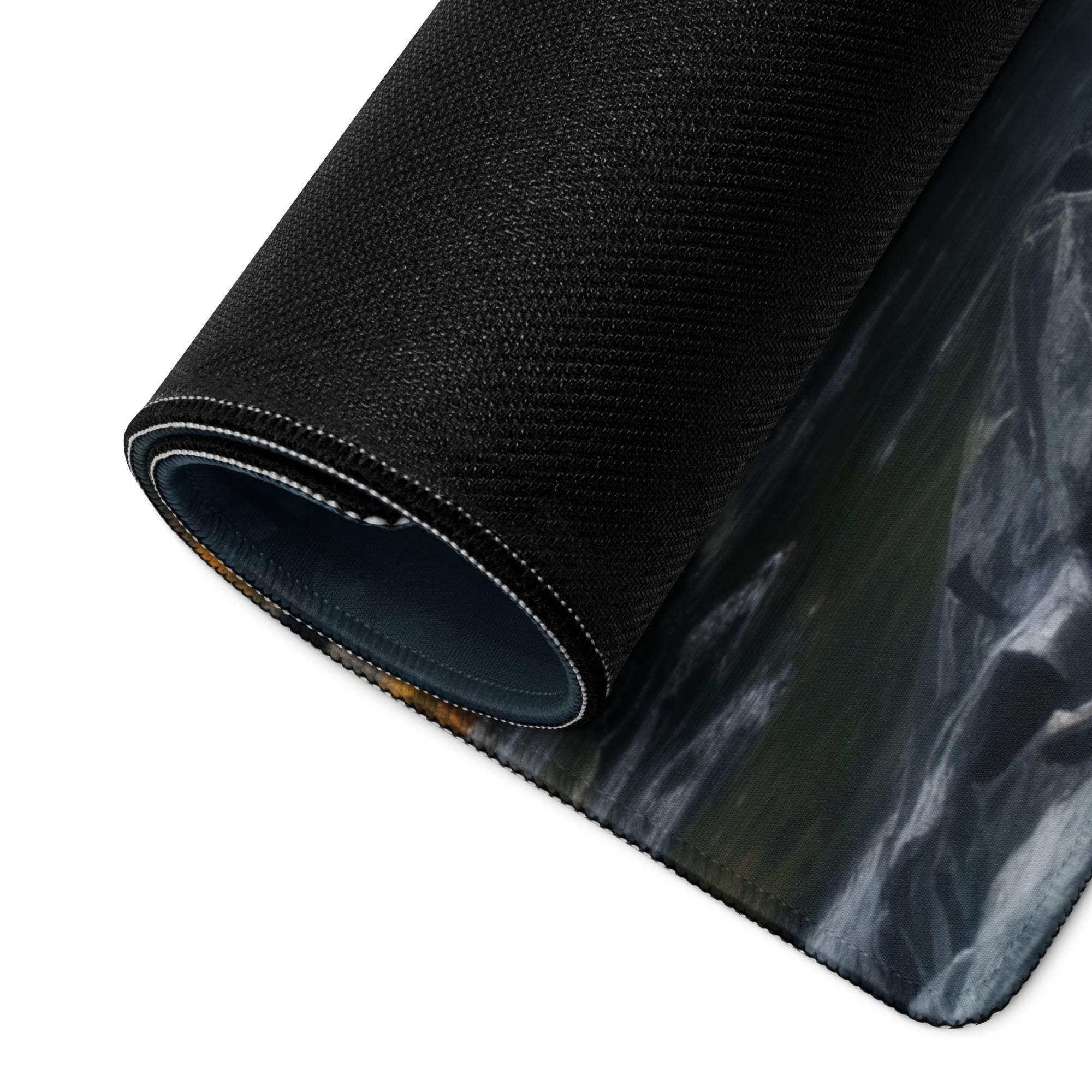 Black textured Autumn Forest River gaming mousepad with non-slip base