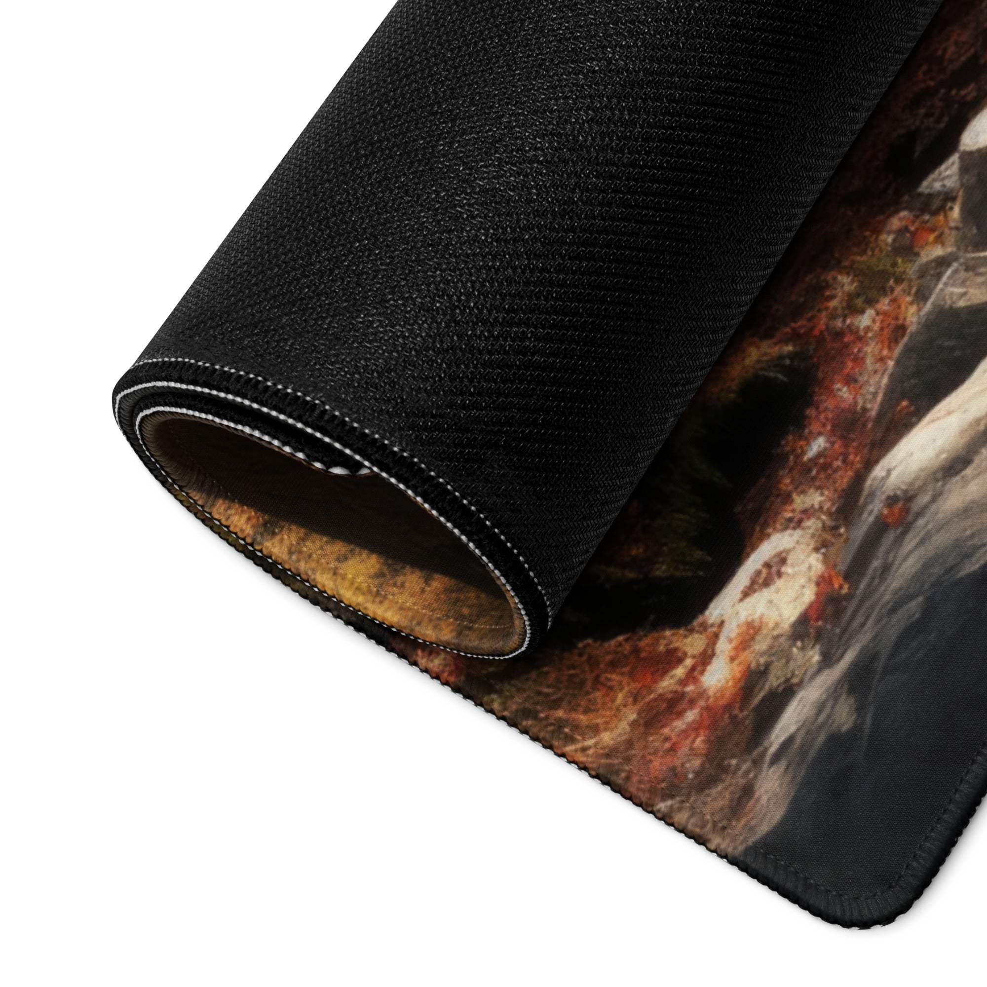 Large Autumn Forest Scene gaming mouse pad with black textured rolled edge