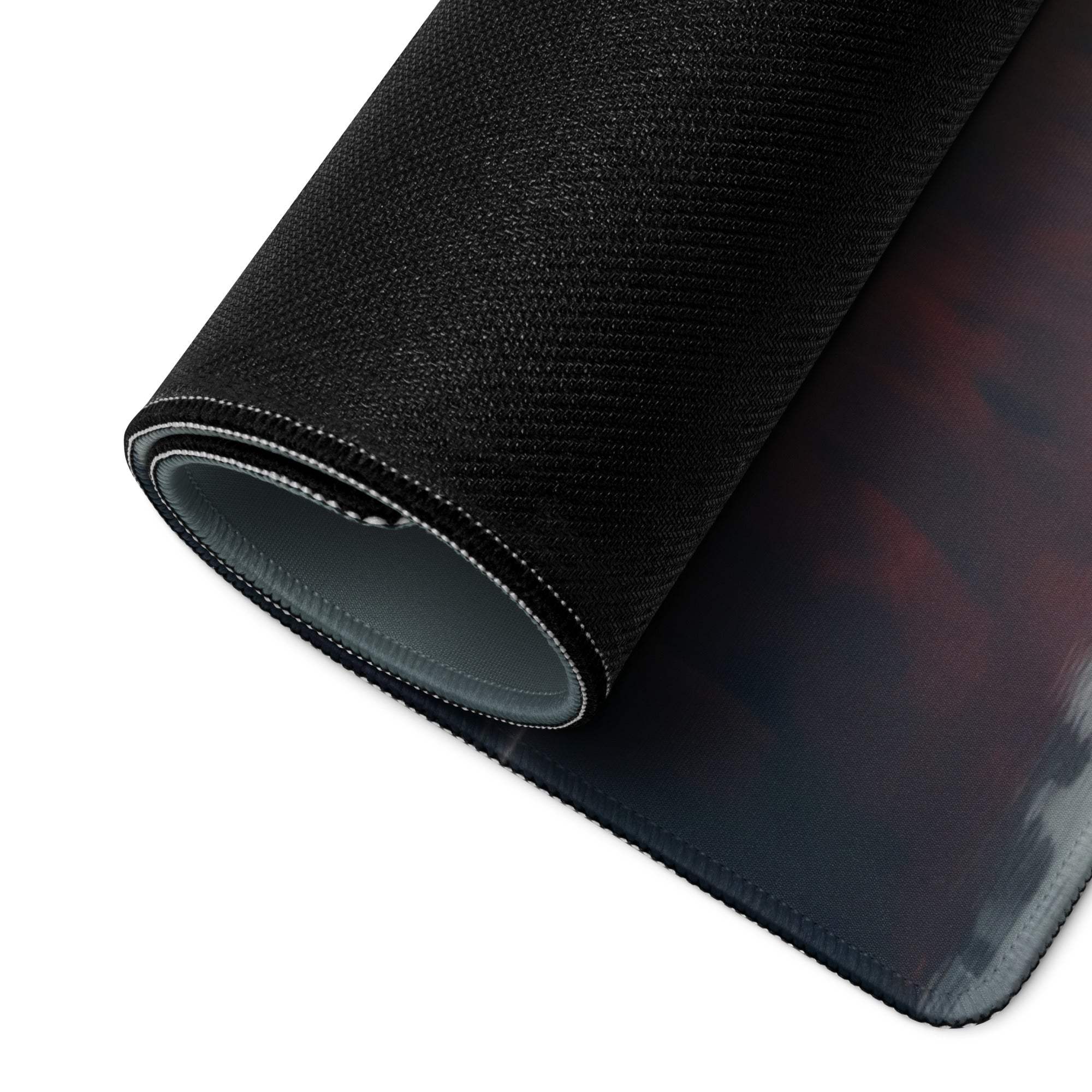 Black textured gaming mousepad with autumn red tree island landscape design