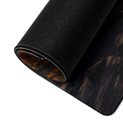 Large Autumn Forest gaming mouse pad with black wood-grain texture and white edge stitching