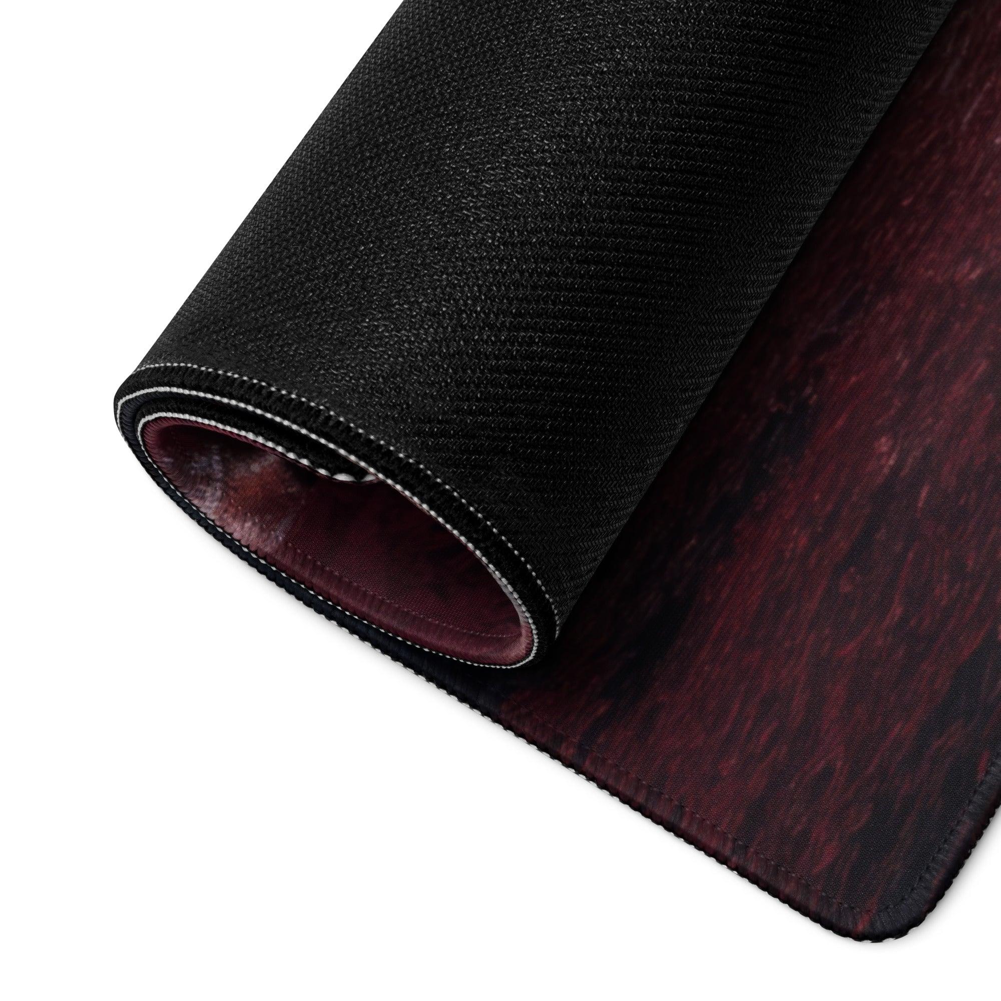 Back of Serene Autumn Forest Bridge mouse pad showing black textured top with maroon wood-grain underside