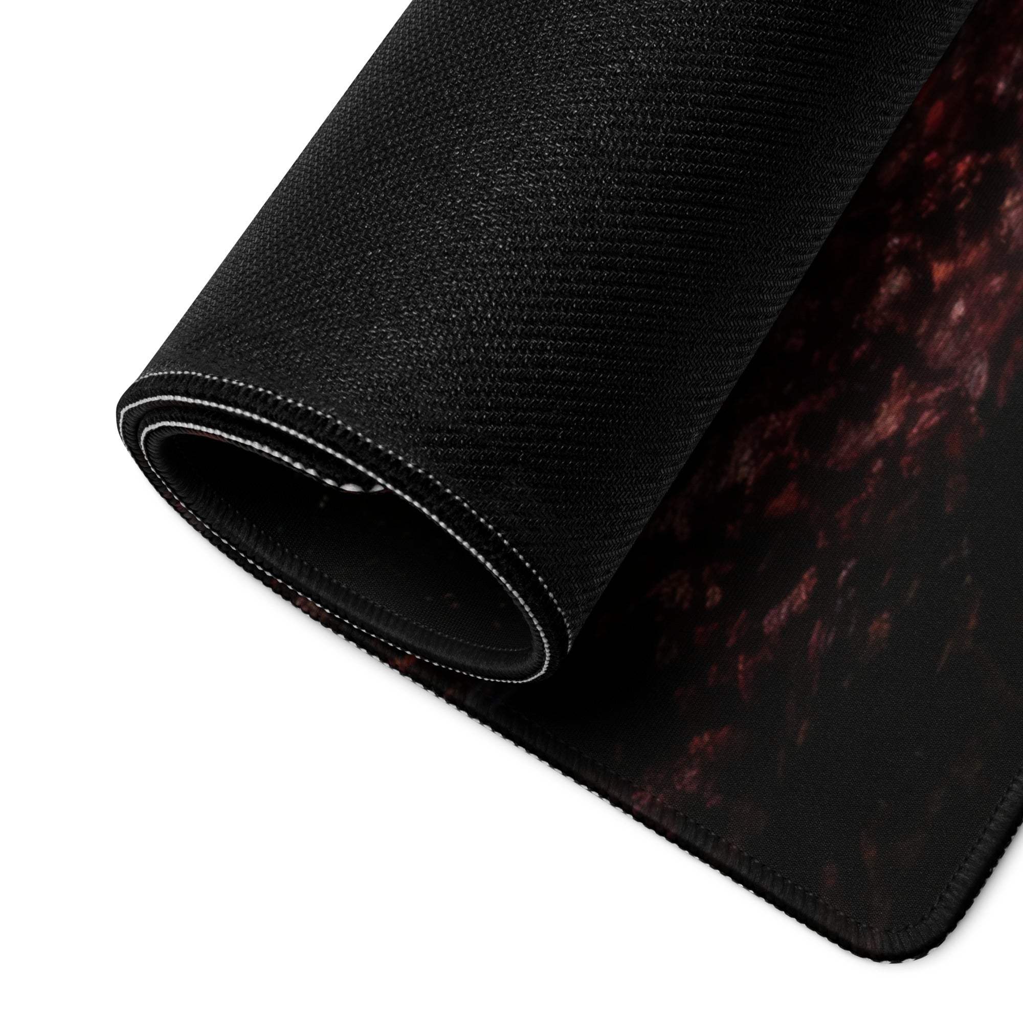Black textured gaming mousepad with red black marble and stitched edges