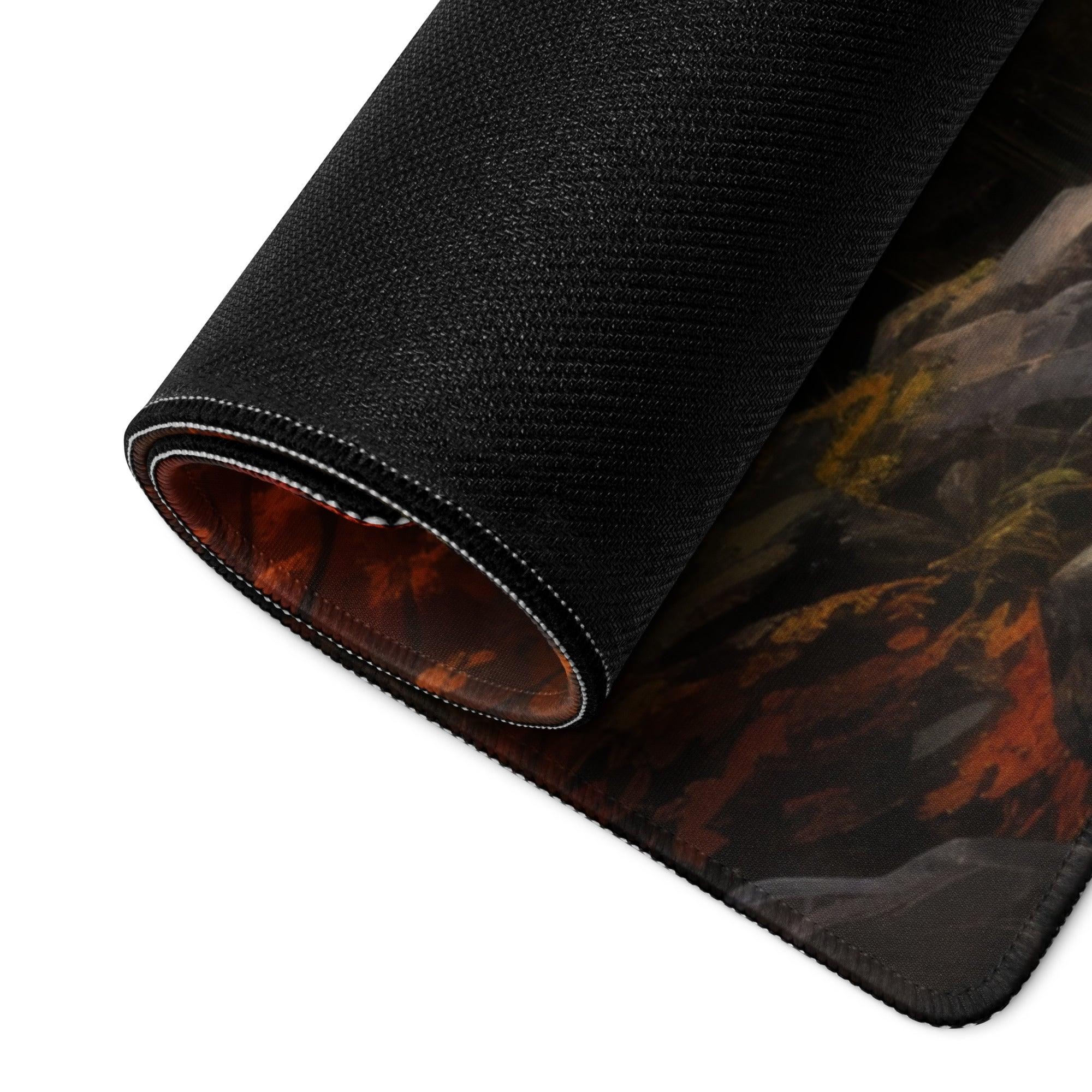 Black textured gaming mousepad with fiery autumn forest design and white stitched edge