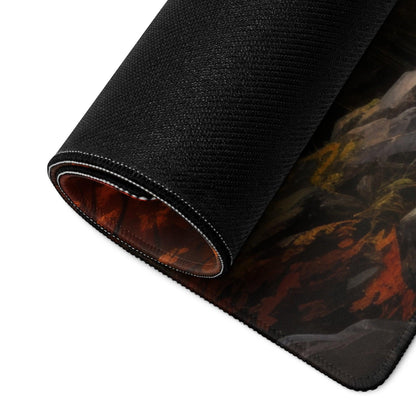 Black textured gaming mousepad with fiery autumn forest design and white stitched edge