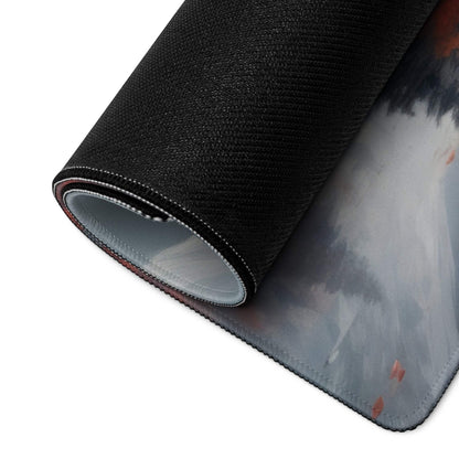 Black textured Autumn Lake Cabin mousepad with misty mountains print