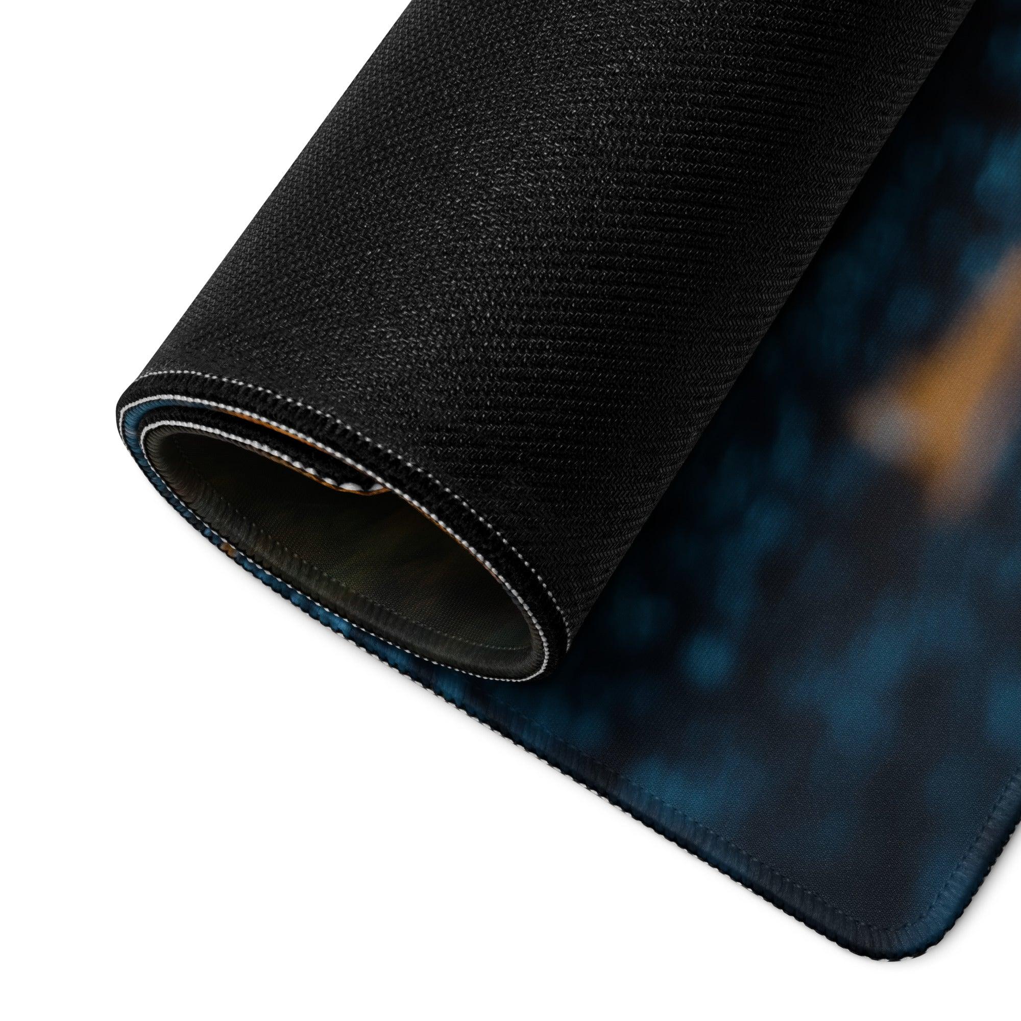 Black textured Autumn Road gaming mouse pad with rolled edge and blue pattern