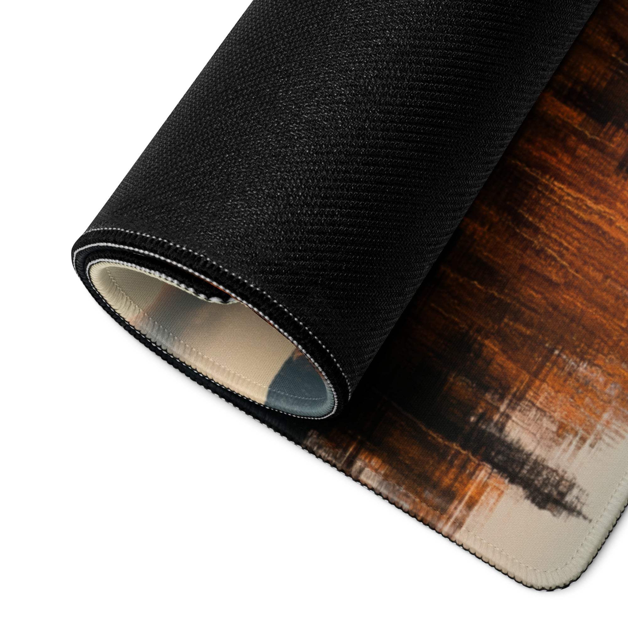 Black textured wooden grain mousepad with stitched edges