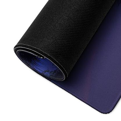 Black textured gaming mousepad back with blue gradient underside and stitched edges