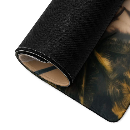Black textured gaming mousepad with rolled edge, golden portrait design