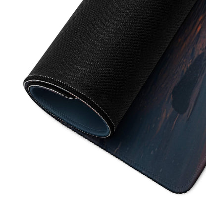 Black textured Calm Ocean Sunset mousepad rolled to show stitched edge, blue lining