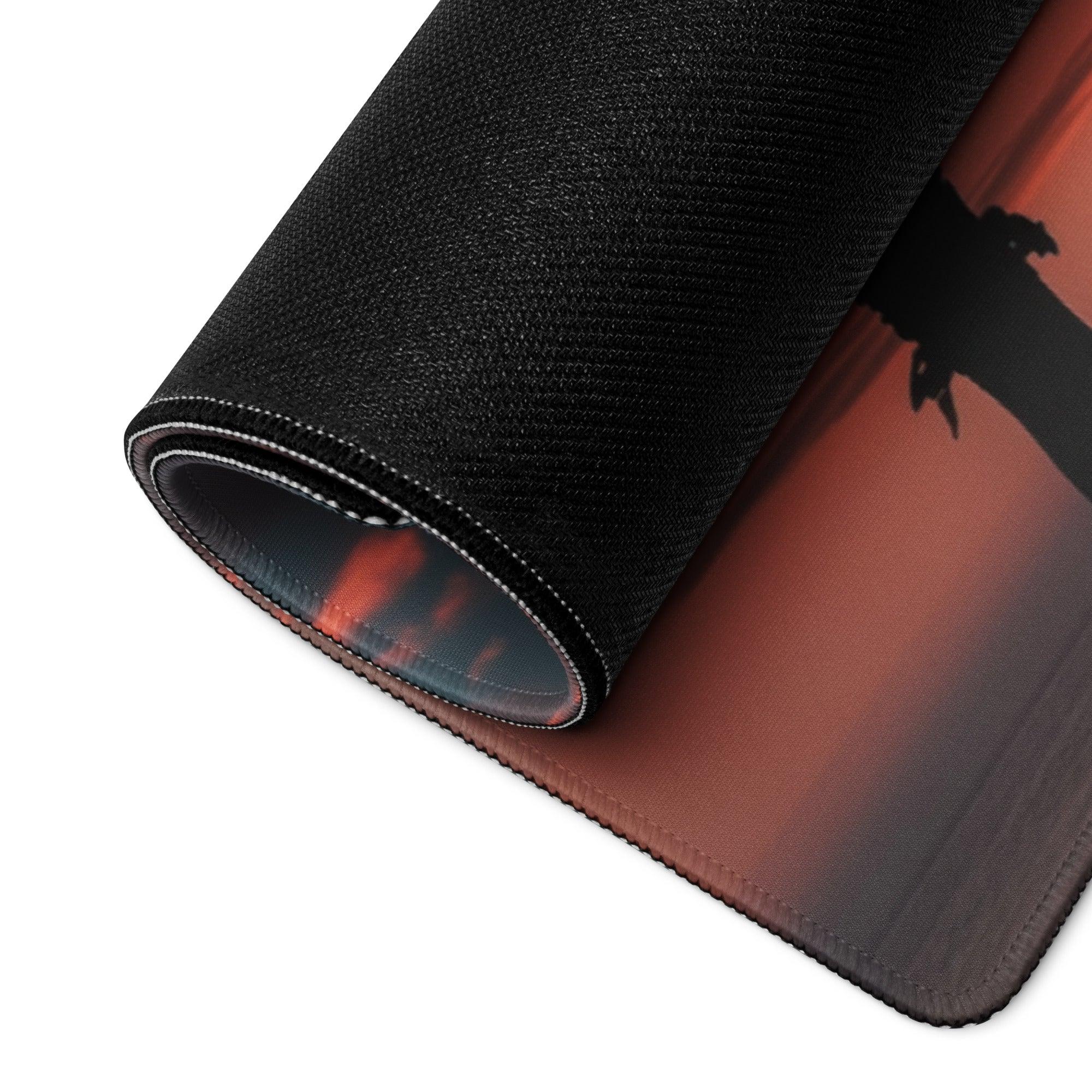 Vibrant sunset palm landscape gaming mouse pad with black textured rolled edge