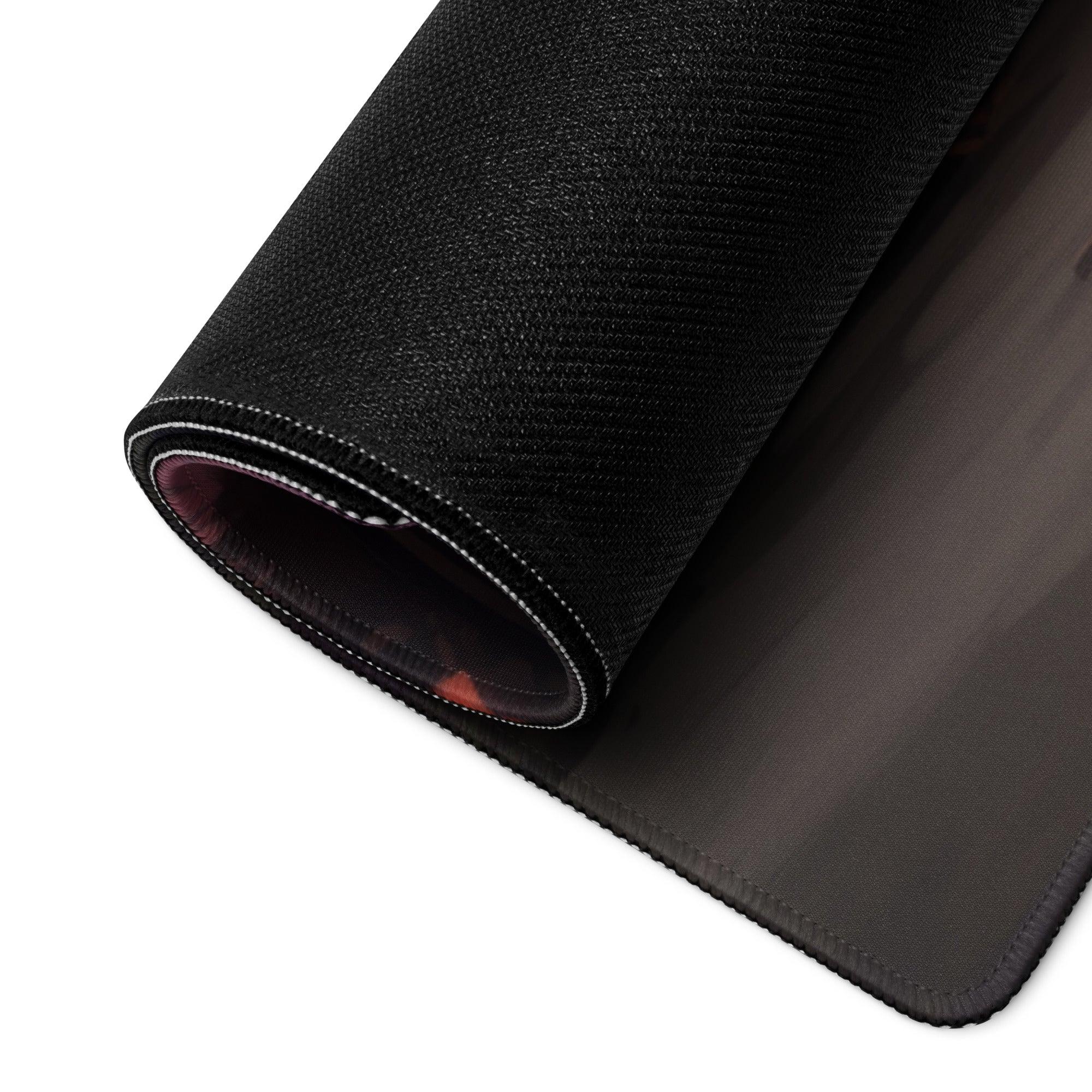 Black textured gaming mousepad back with sheen, stitched edges, non-slip