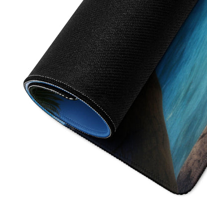 Black textured ocean scene gaming mouse pad with rolled edge stitching