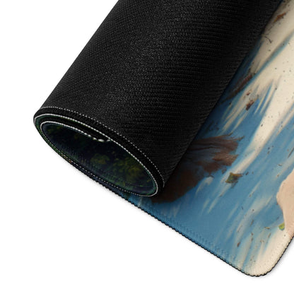 Black rolled-up gaming mouse pad with tropical beach landscape, ocean blue skies