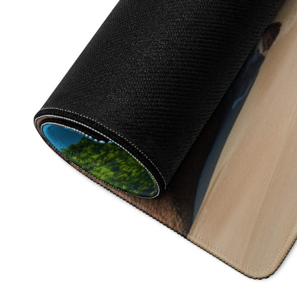 Black textured gaming mousepad with rolled edge revealing vibrant tropical beach scene