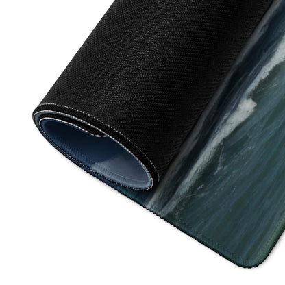 Black textured mousepad with teal ocean wave design, rolled edge, non-slip backing