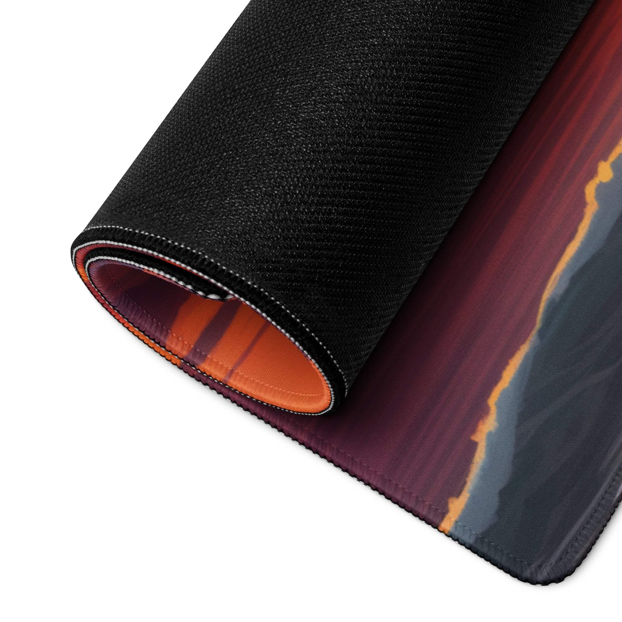 Large Sunset Beach gaming mouse pad with black orange textured gradient design