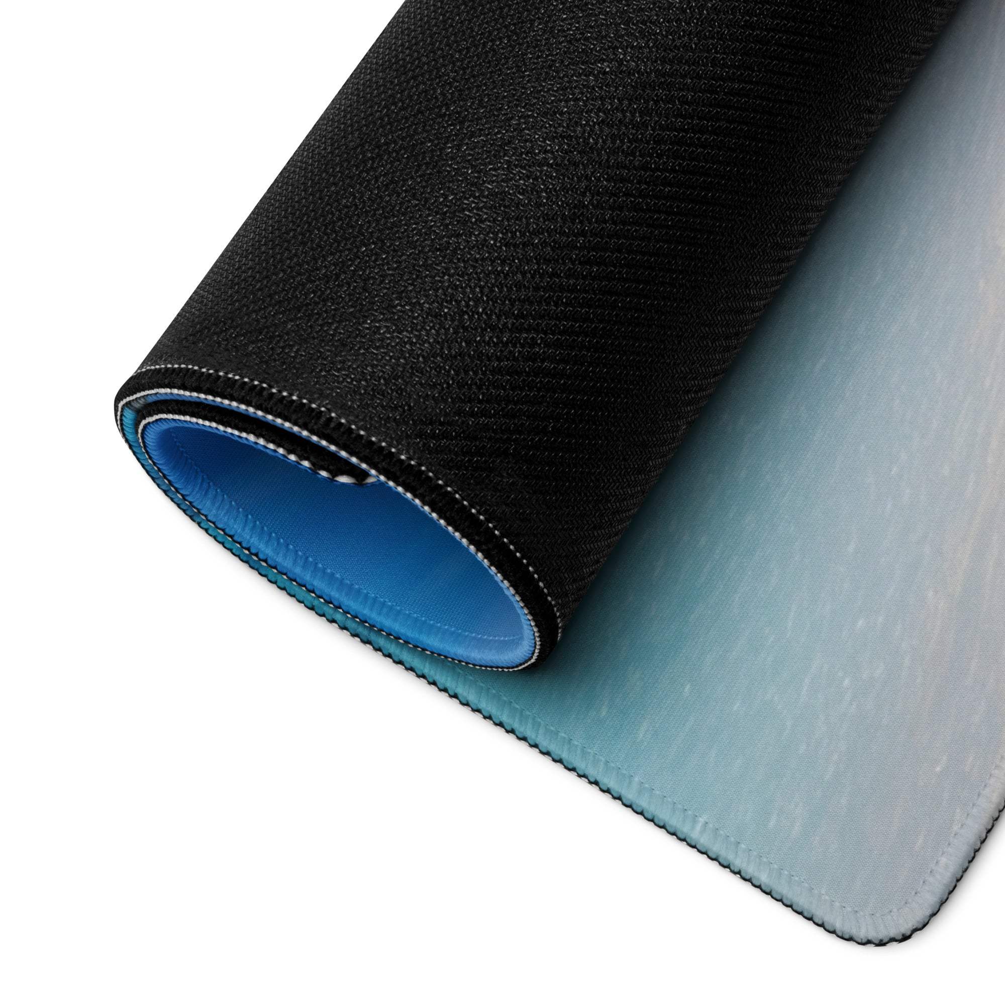 Black textured Vibrant Beach Paradise gaming mouse pad with blue lining