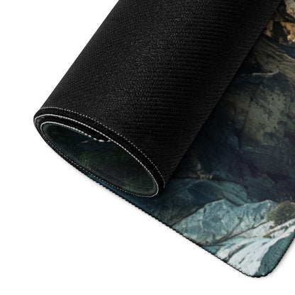 Black textured mousepad with detailed mountain landscape print