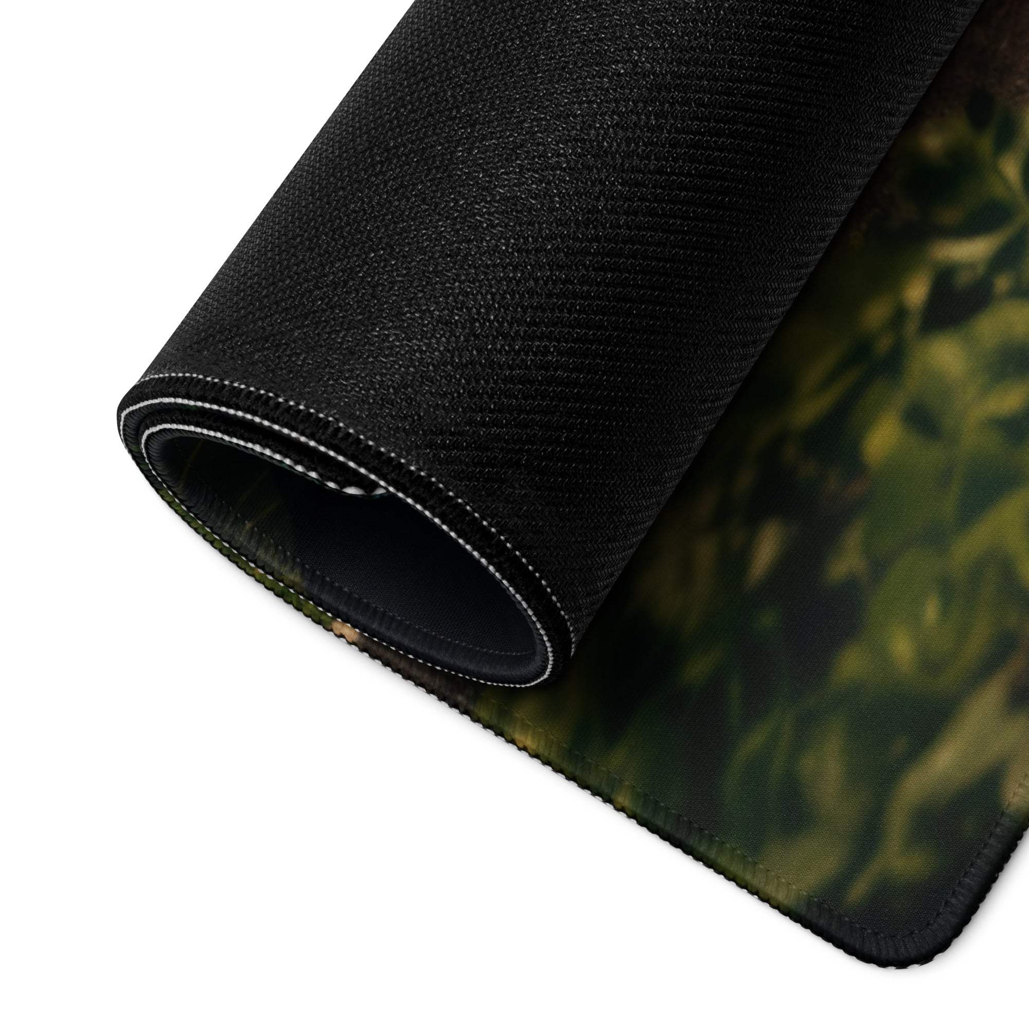 Black rolled-up Ultra Wide Tropical Beach gaming mousepad with camo edge