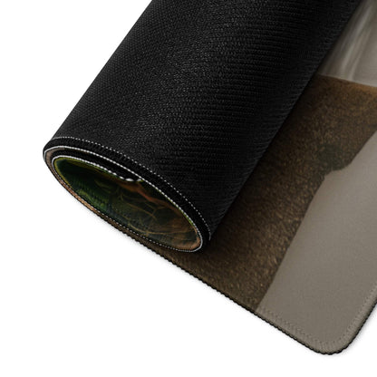 Back of ocean blue gaming mouse pad with black camo textured fabric roll