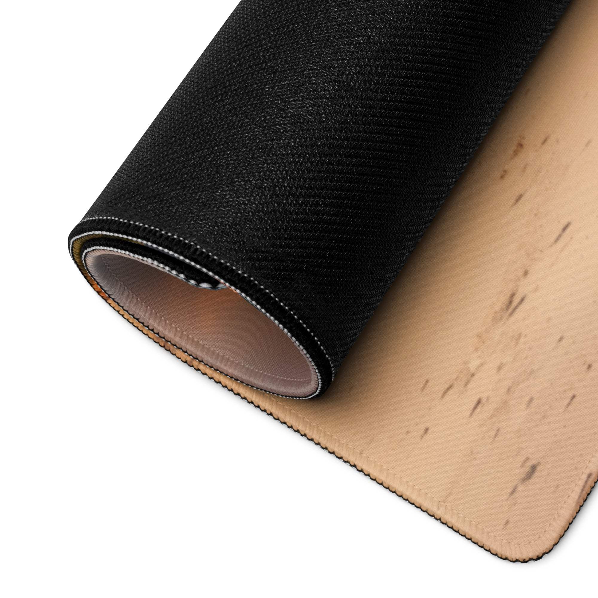 Back of Sunset Beach Paradise gaming mouse pad with black textured top and cork underside