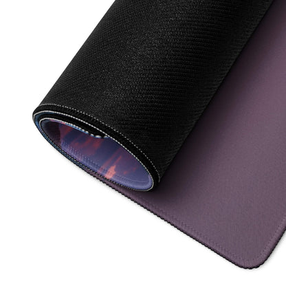 Back of large Vibrant Sunset Beach gaming mouse pad with purple non-slip underside and stitched edges