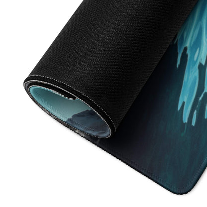Black gaming mousepad with teal icy mountain design and non-slip backing
