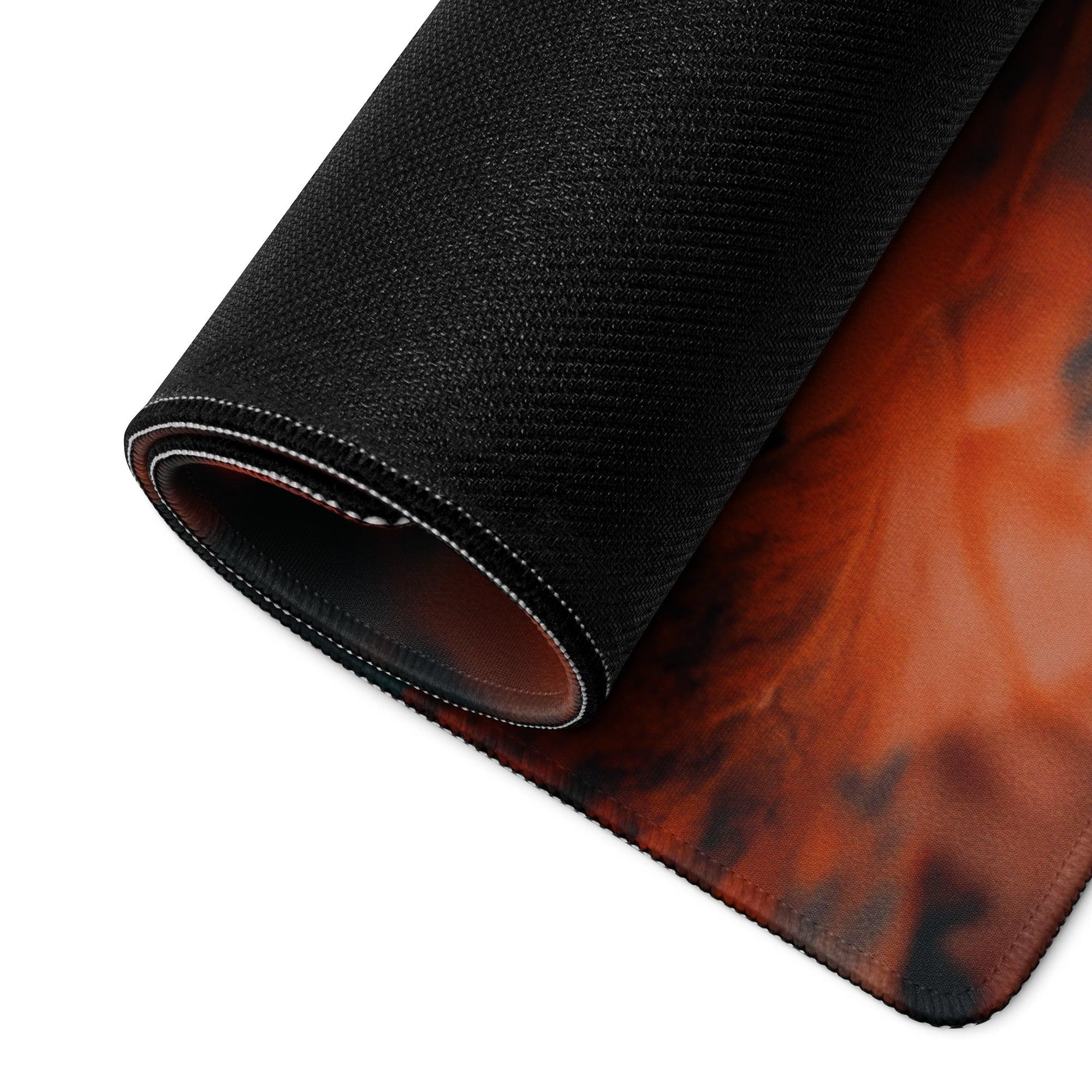 Black textured mousepad with orange red flame and gothic skull autumn leaves design