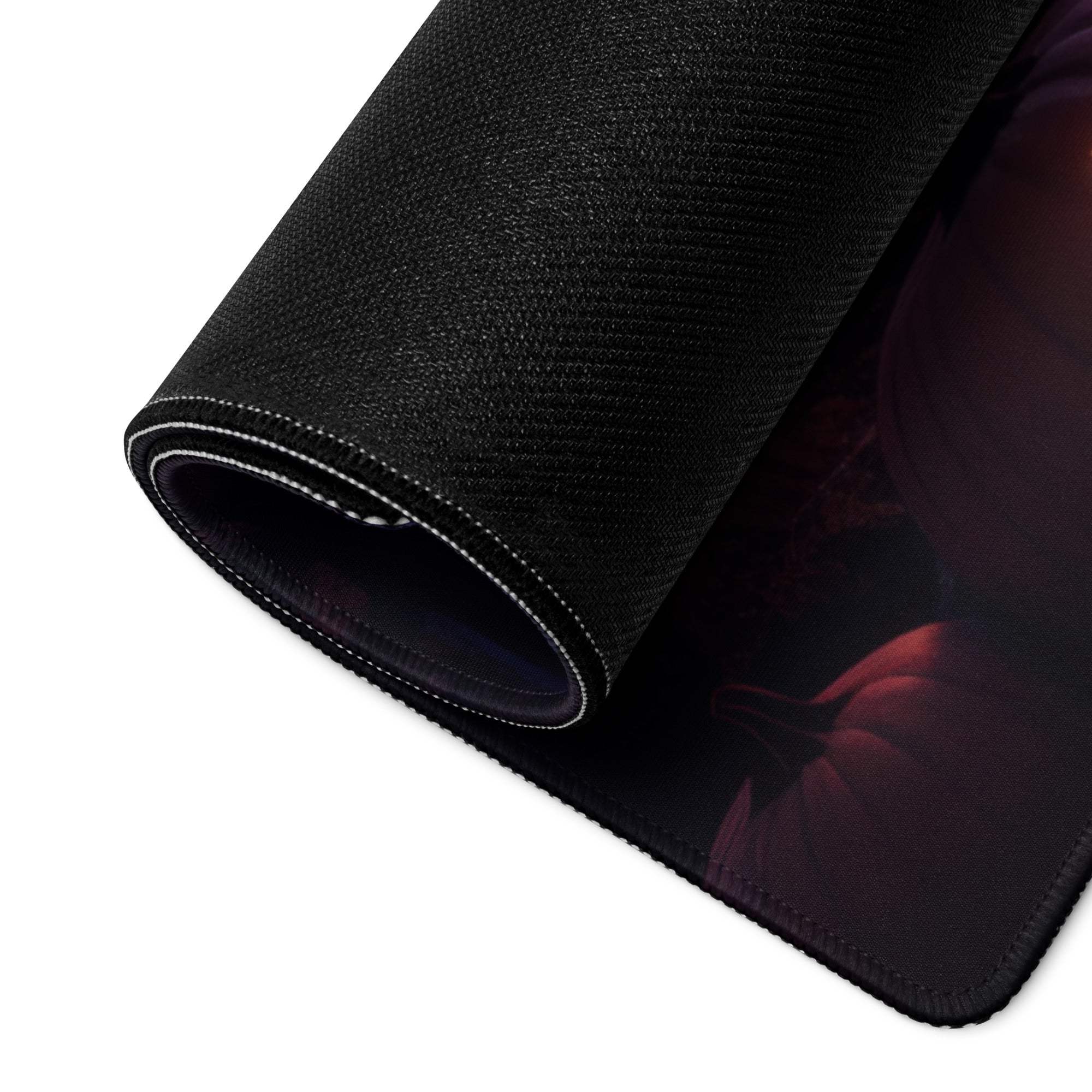 Black textured gaming mousepad with Halloween moonlit night, jack o lanterns, rolled edge, white stitching