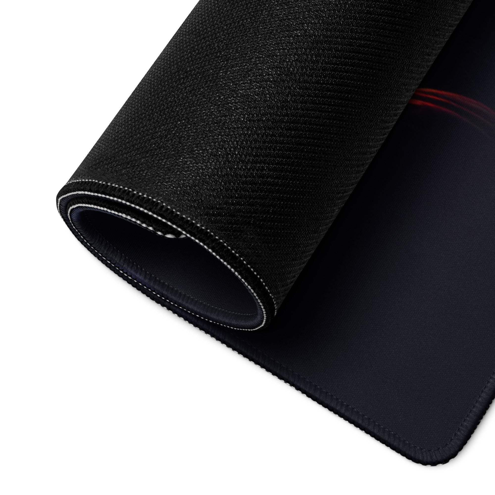 Black textured gaming mousepad back with white edge stitching