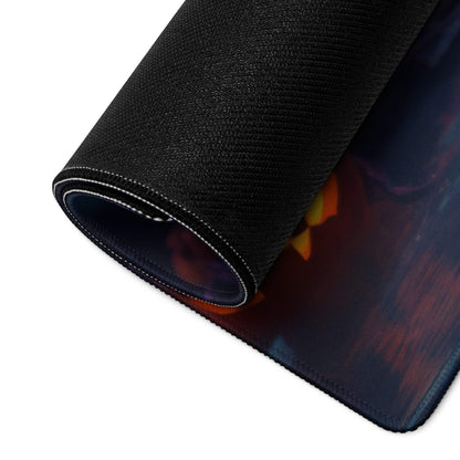 Black textured Festive Halloween Pumpkin Glow gaming mousepad with rolled edge