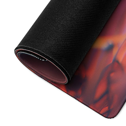 A rolled-up black gaming mousepad with a vibrant red and orange moonlit gothic halloween village design