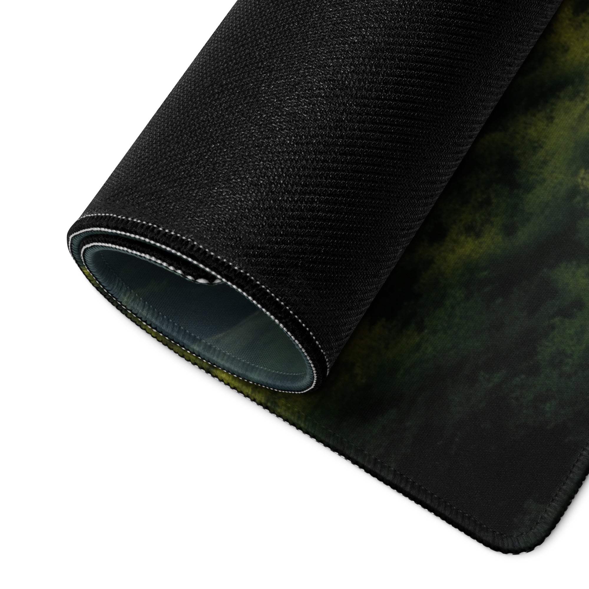 Black textured gaming mousepad with green black abstract nature mountain design