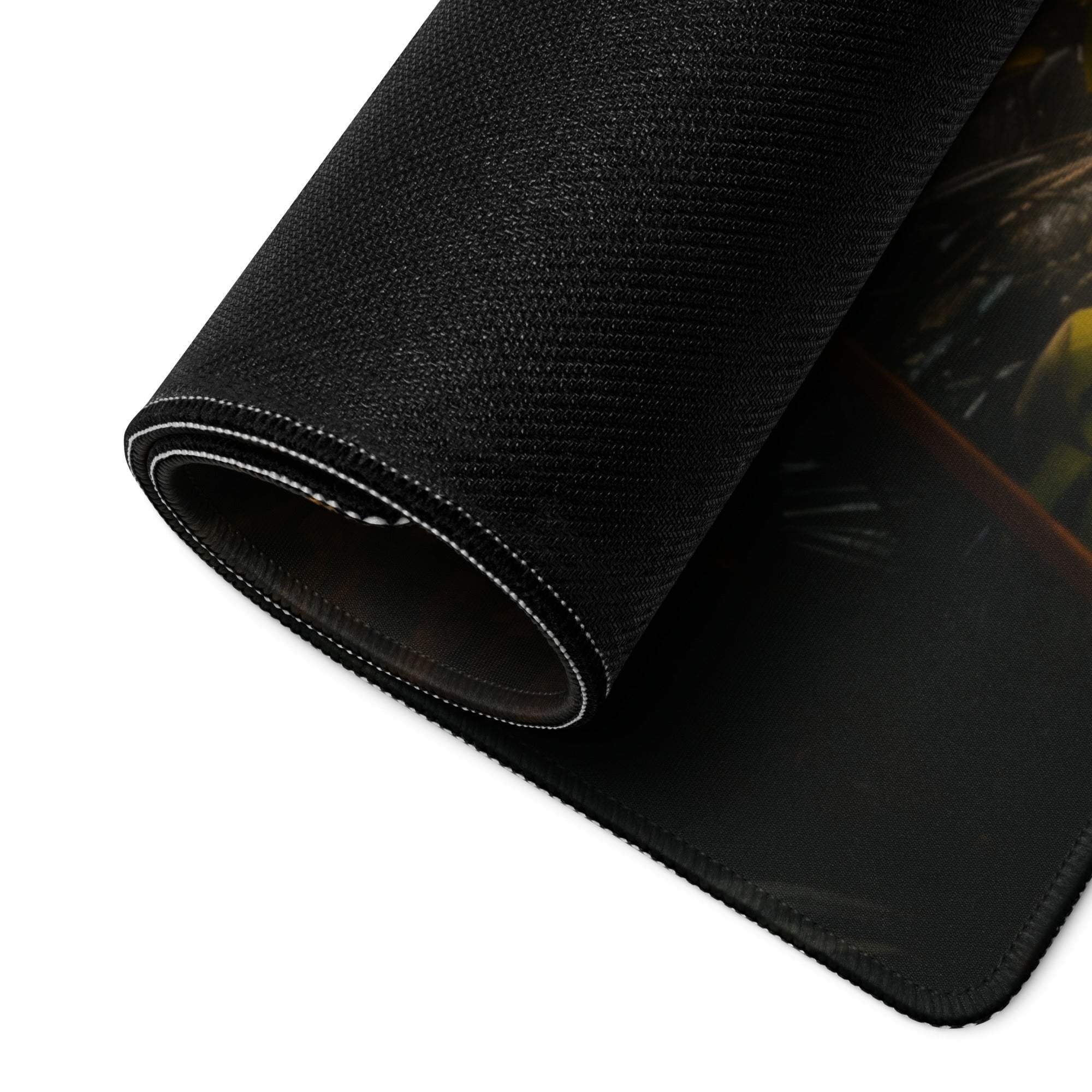 Black textured large gaming mousepad with rolled edge white stitching