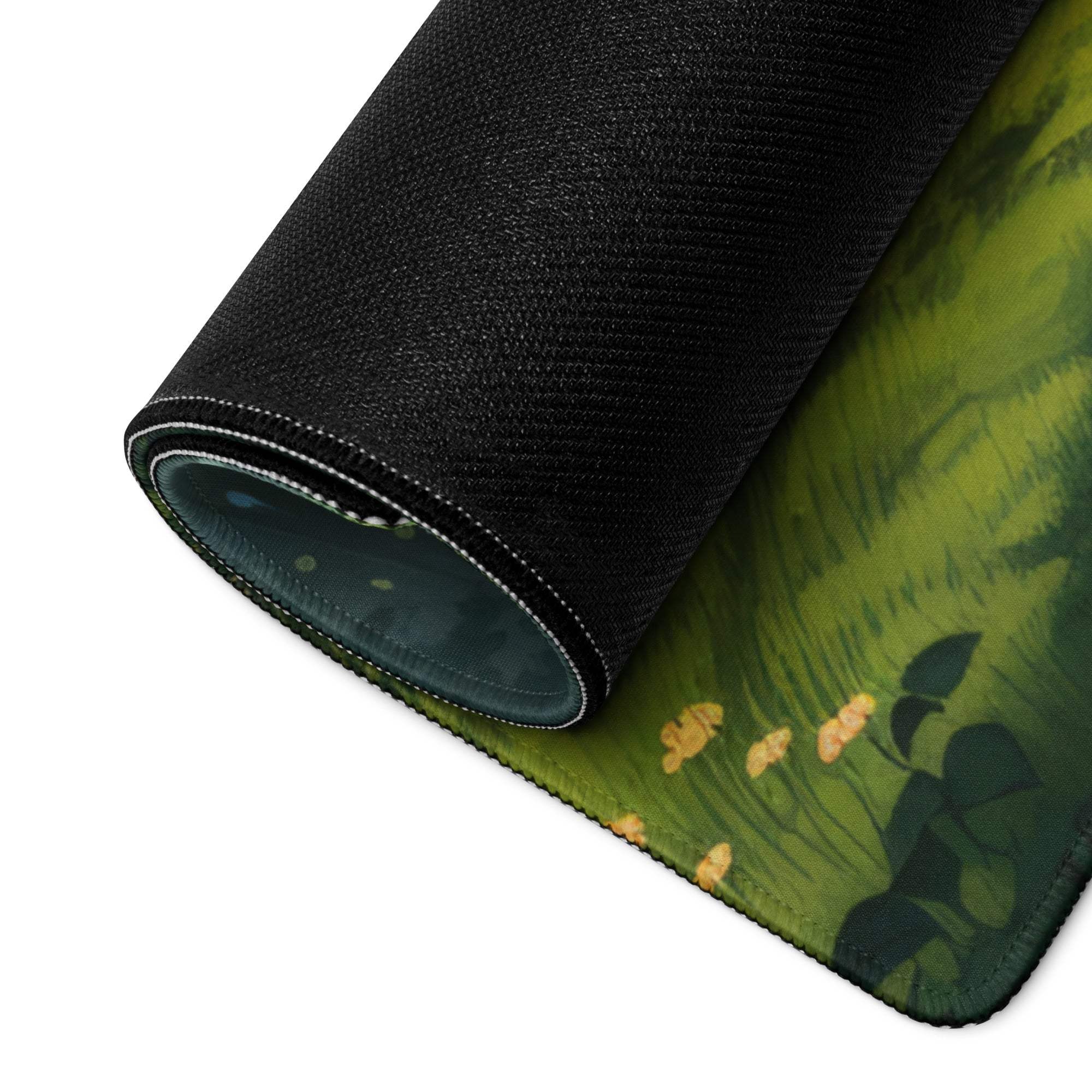 Verdant Forest gaming mouse pad rolled up with watercolor pond scene