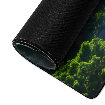 Black textured gaming mousepad with vibrant green forest waterfall scene
