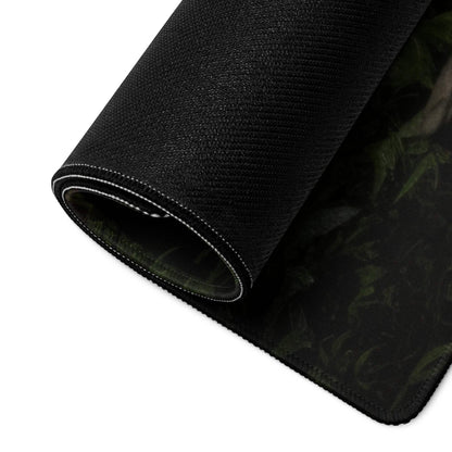 Black textured mousepad with green camo pattern, white edge stitching