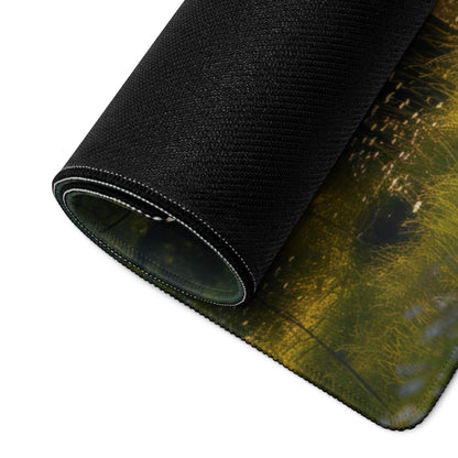 Black textured large gaming mousepad with forest sunrise print and stitched edges