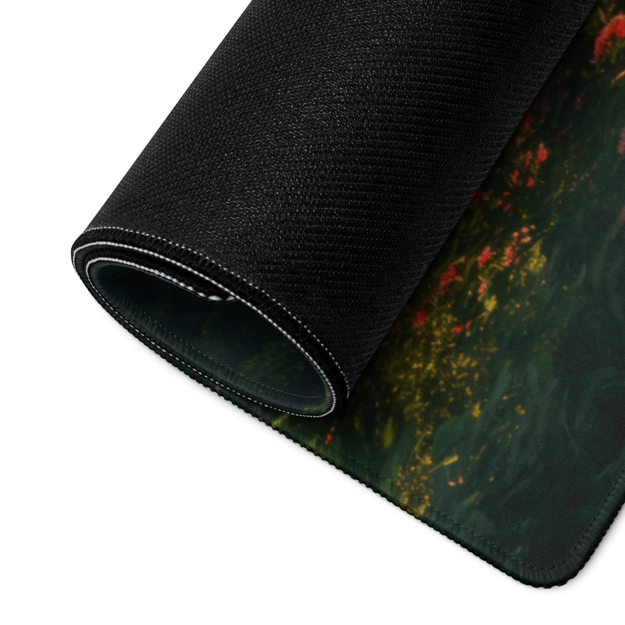 Premium large gaming mouse pad with red yellow flowers on dark green, stitched edge