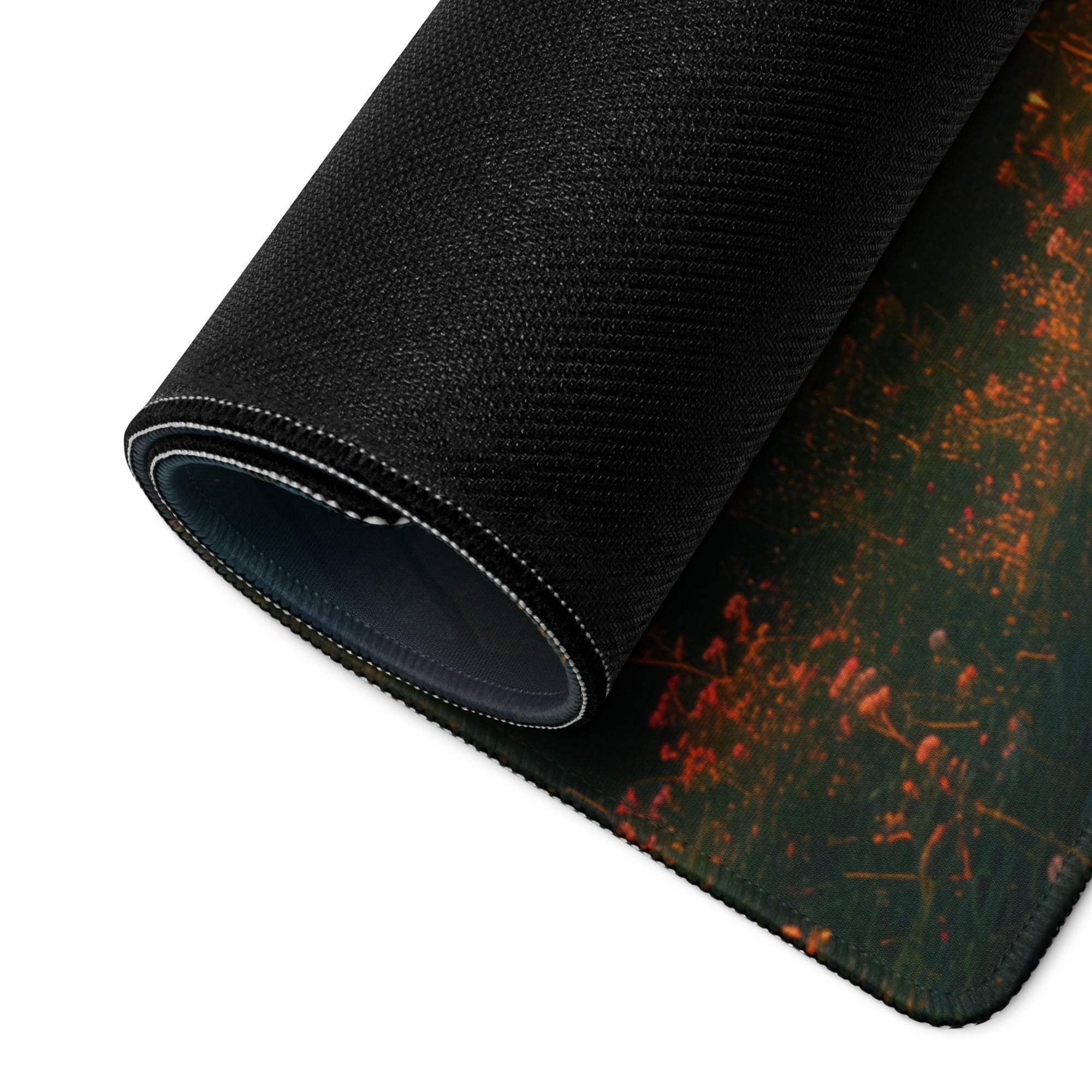 Black textured gaming mousepad with orange flowers, forest sunrise design