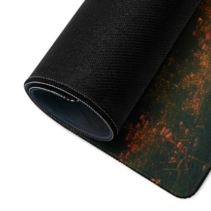 Black textured gaming mousepad with orange flowers, forest sunrise design
