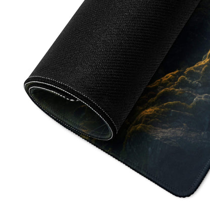 Black textured gaming mousepad with forest sunrise waterfall and golden sunlight