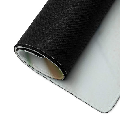 Back of Tropical Coconut Beach large gaming mouse pad with black textured top, white underside and stitched edges