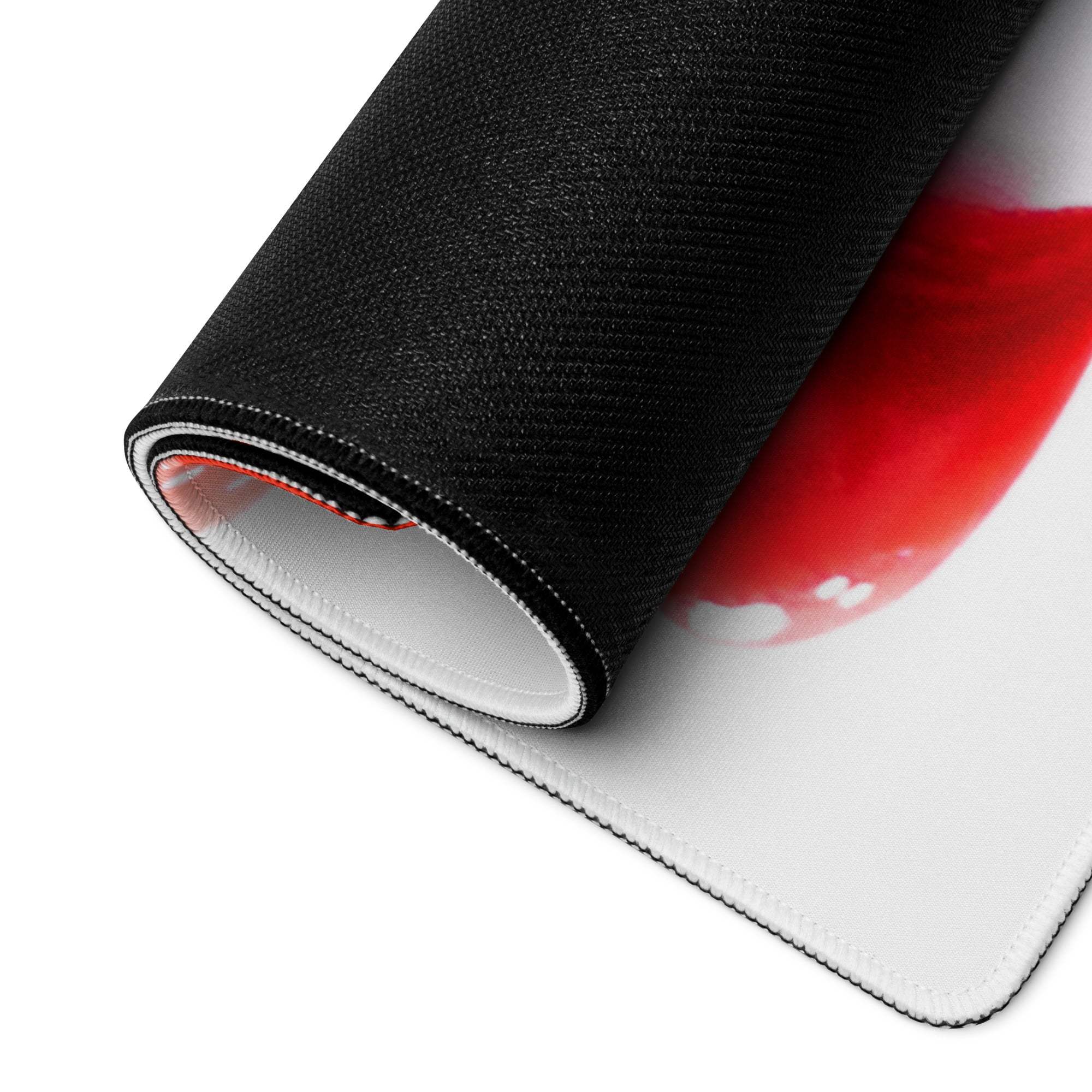 Valentine themed black and white gaming mouse pad with red graphic, stitched edges