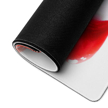 Valentine themed black and white gaming mouse pad with red graphic, stitched edges