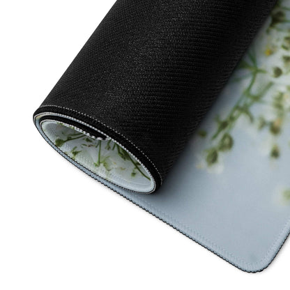 Black rolled-up gaming mouse pad with white green floral design